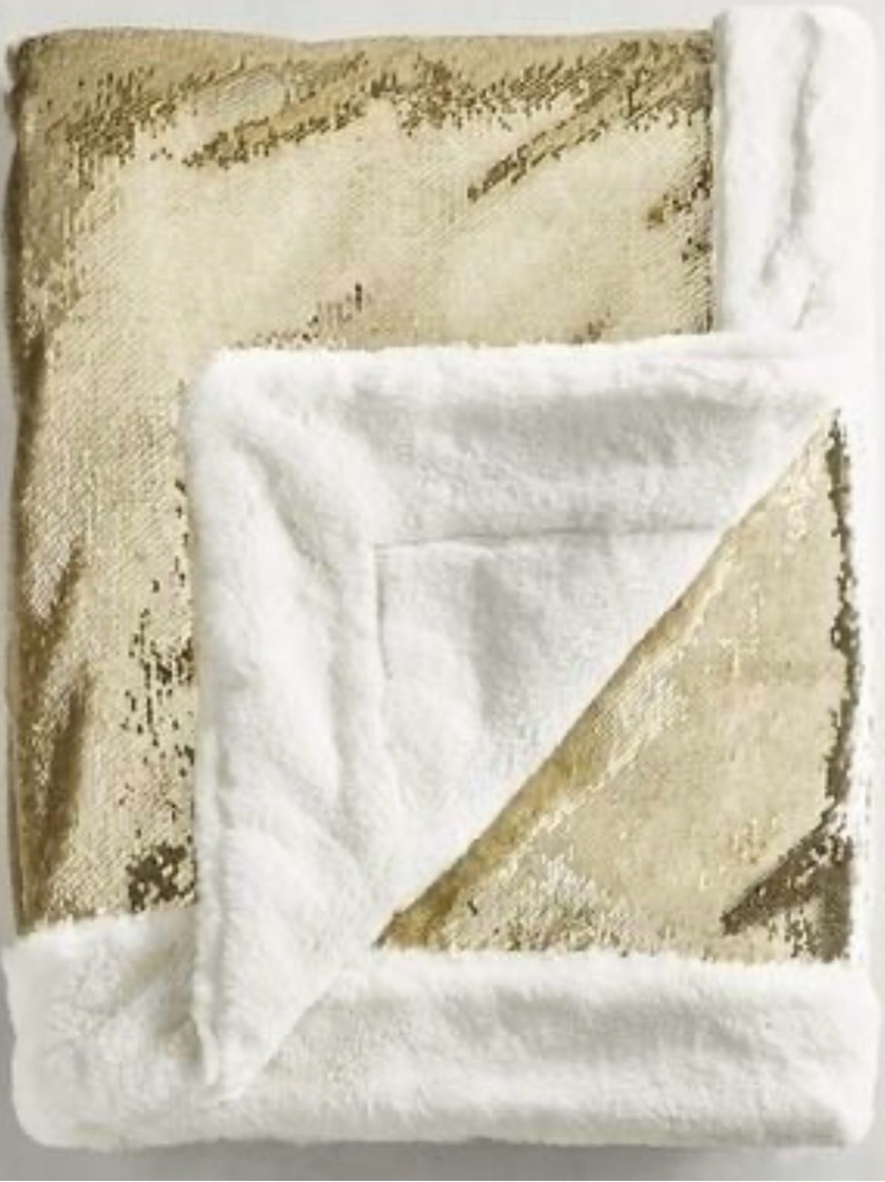 Pier 1 Gold mermaid Sequin Throw Blanket with White Sherpa Trim